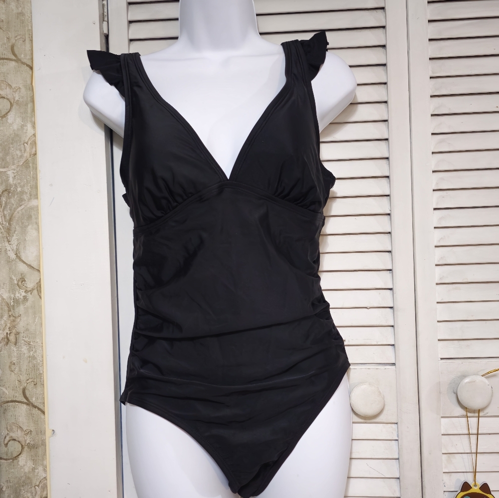 Womens Medium One‎ Piece V Neck Ruffles Black Swimsuit
